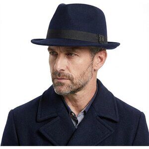 Men's Blue 100% Wool Western With Satin Band Classic Fedora Cowboy Felt Hat